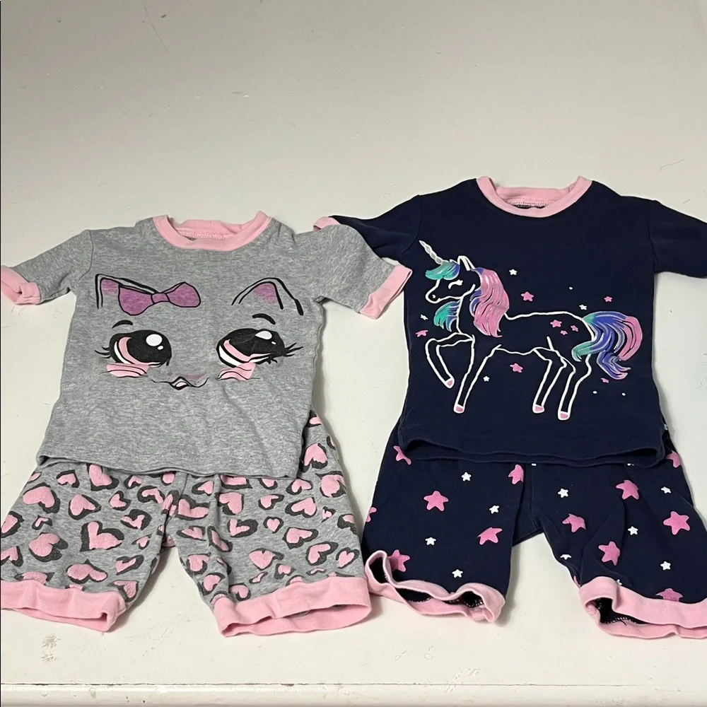 Set of 2 Little Bety 12-18M Matching Outfits Unicorn and Cat Patterned Set